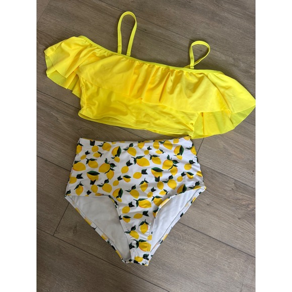 Other - XS Yellow Ruffle Off Shoulder Bikini Lemon Print High Waisted Swimsuit Set Women